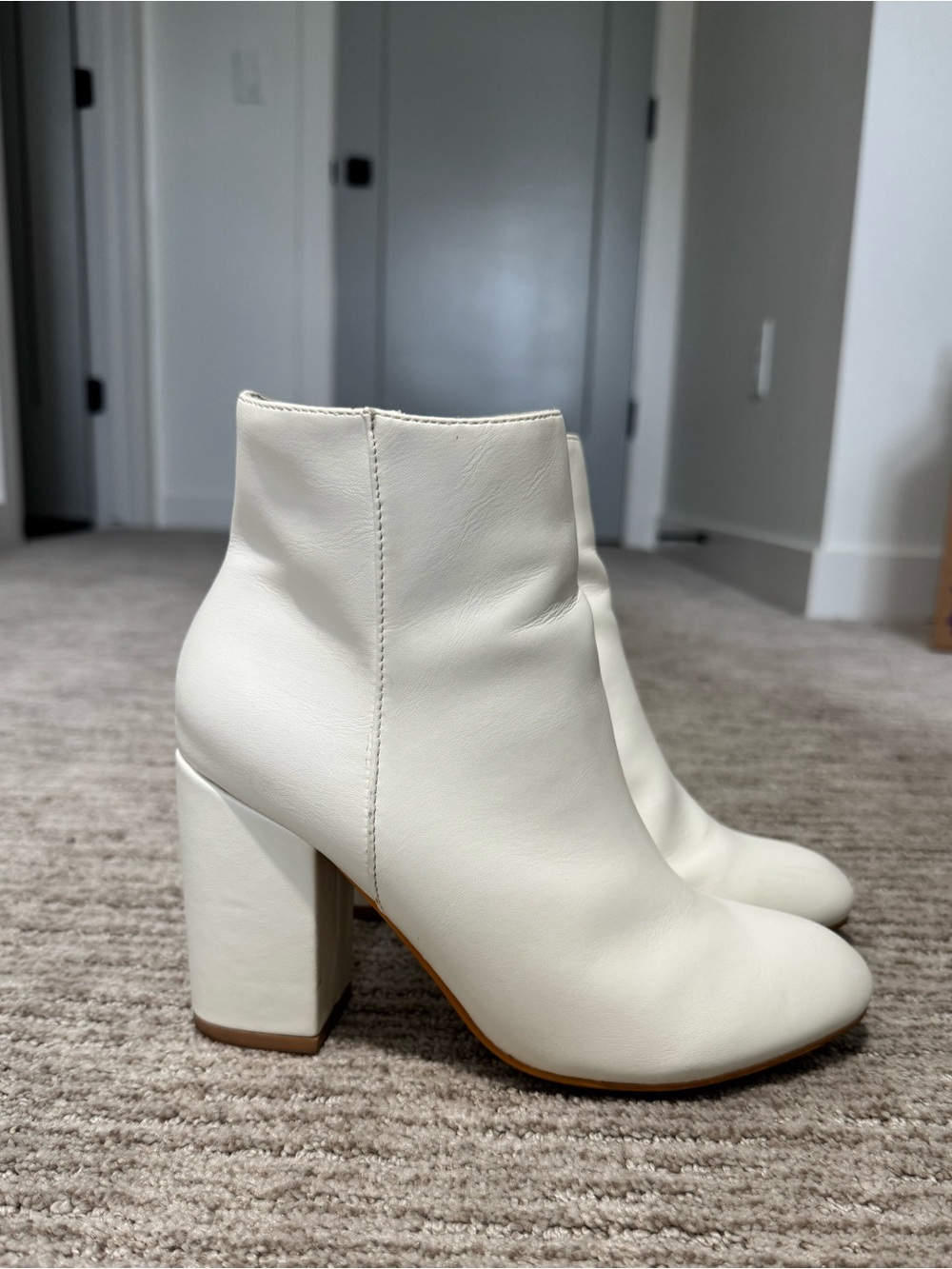 White Leather Block Heel Ankle Boots